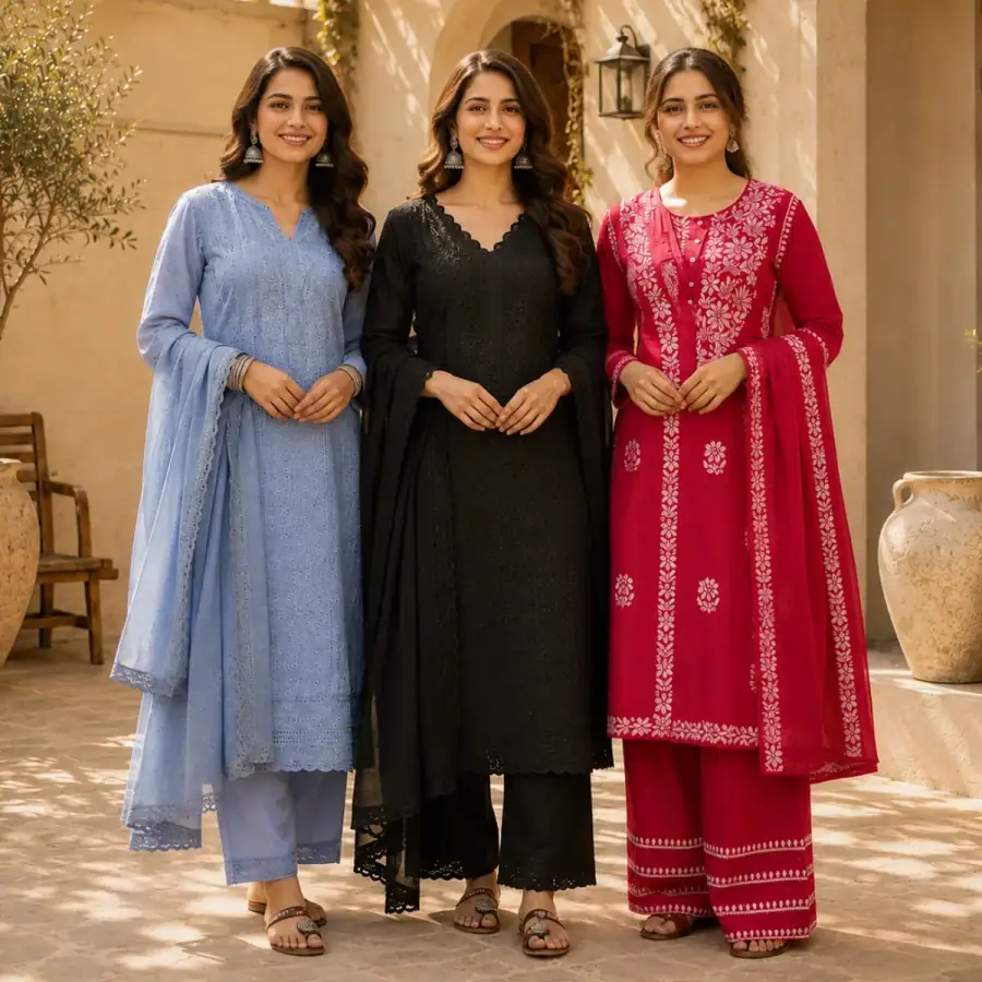 3 Women's Embroidered Kurta Set with Dupatta ( E5 ) in As shown in photos
