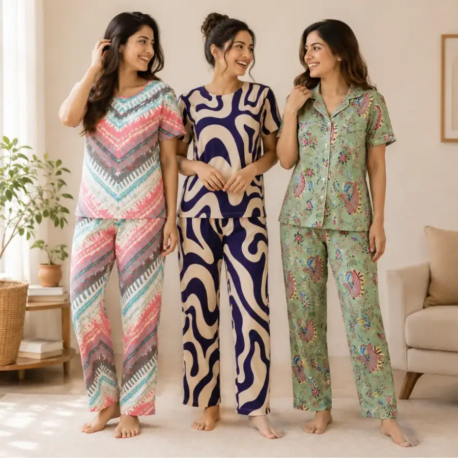 3 Printed Cotton Nightwear Set ( P10 ) in As shown in photos
