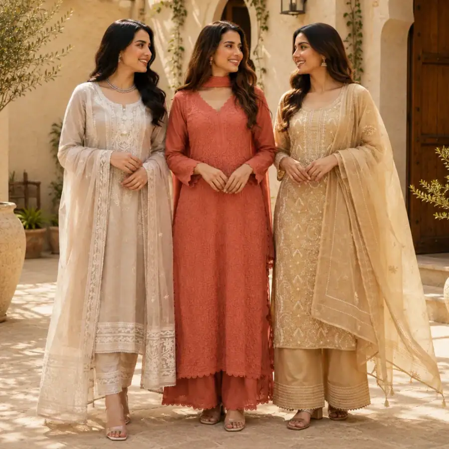 3 Women's Embroidered Kurta Set with Dupatta ( E4 ) in As shown in photos
