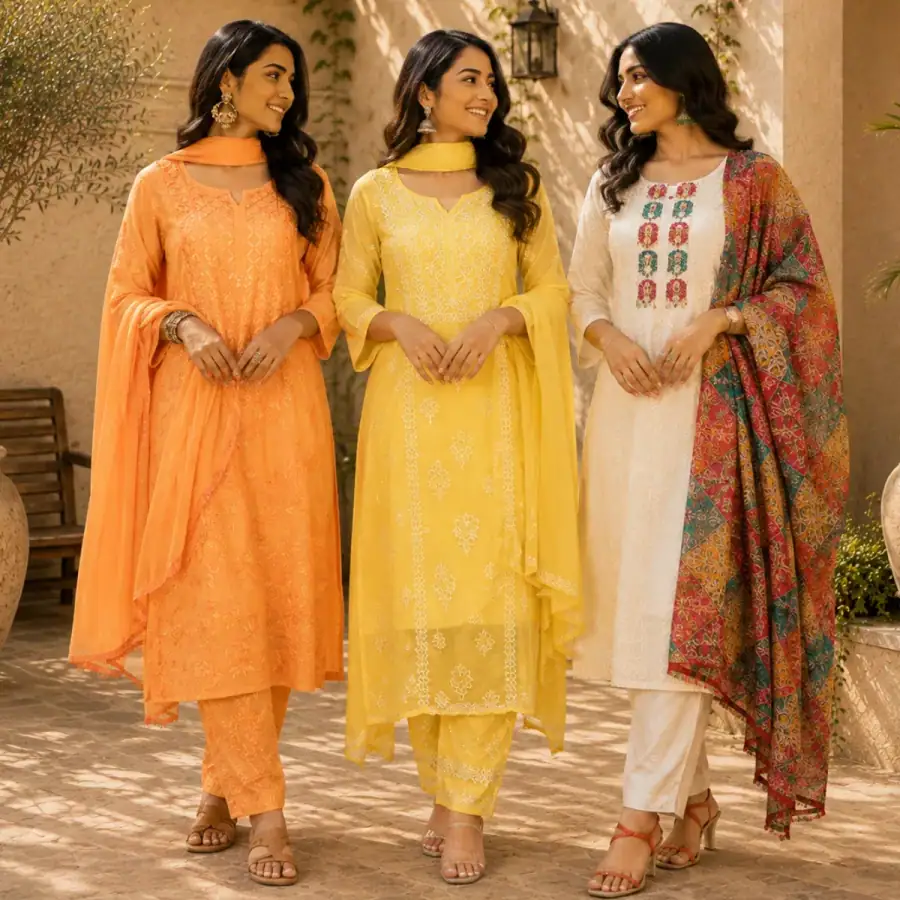 3 Women's Embroidered Kurta Set with Dupatta ( E8 ) in As shown in photos