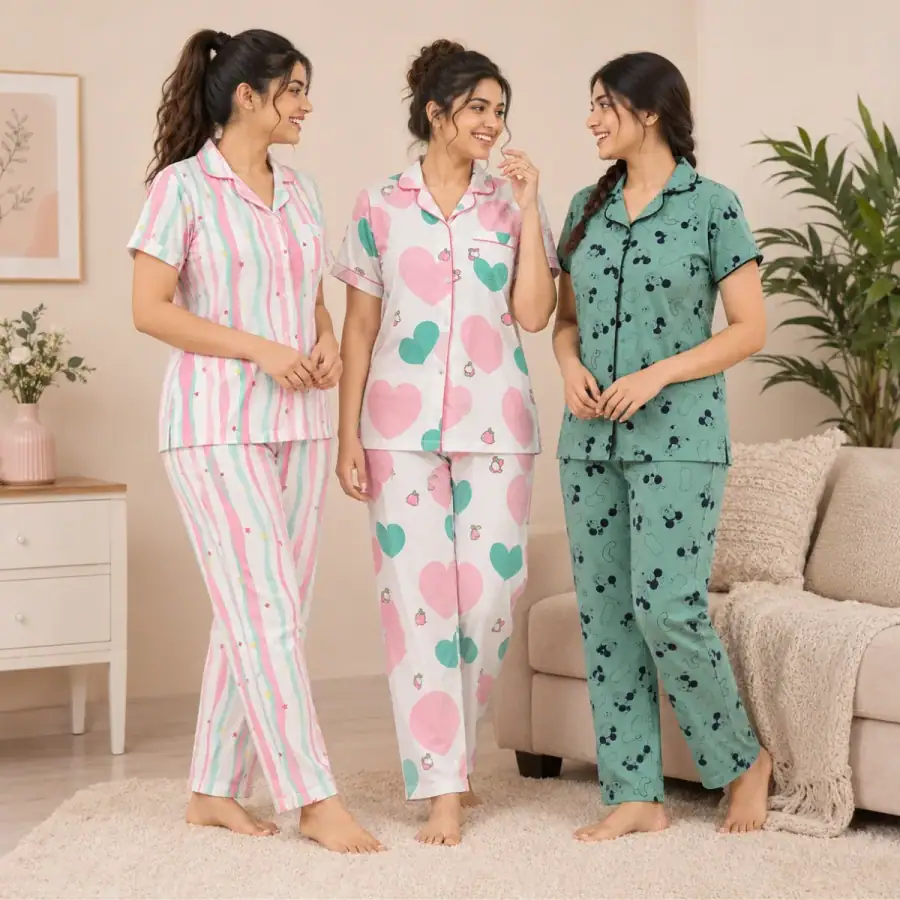 3 Cotton Night Suit For Women (N-5) in As shown in photos