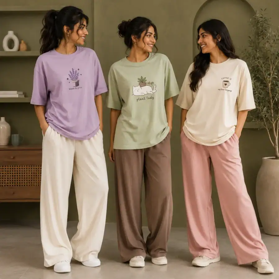 3 Women's Cotton T-shirts + Bottom | Combo (S-2) in As shown in photos