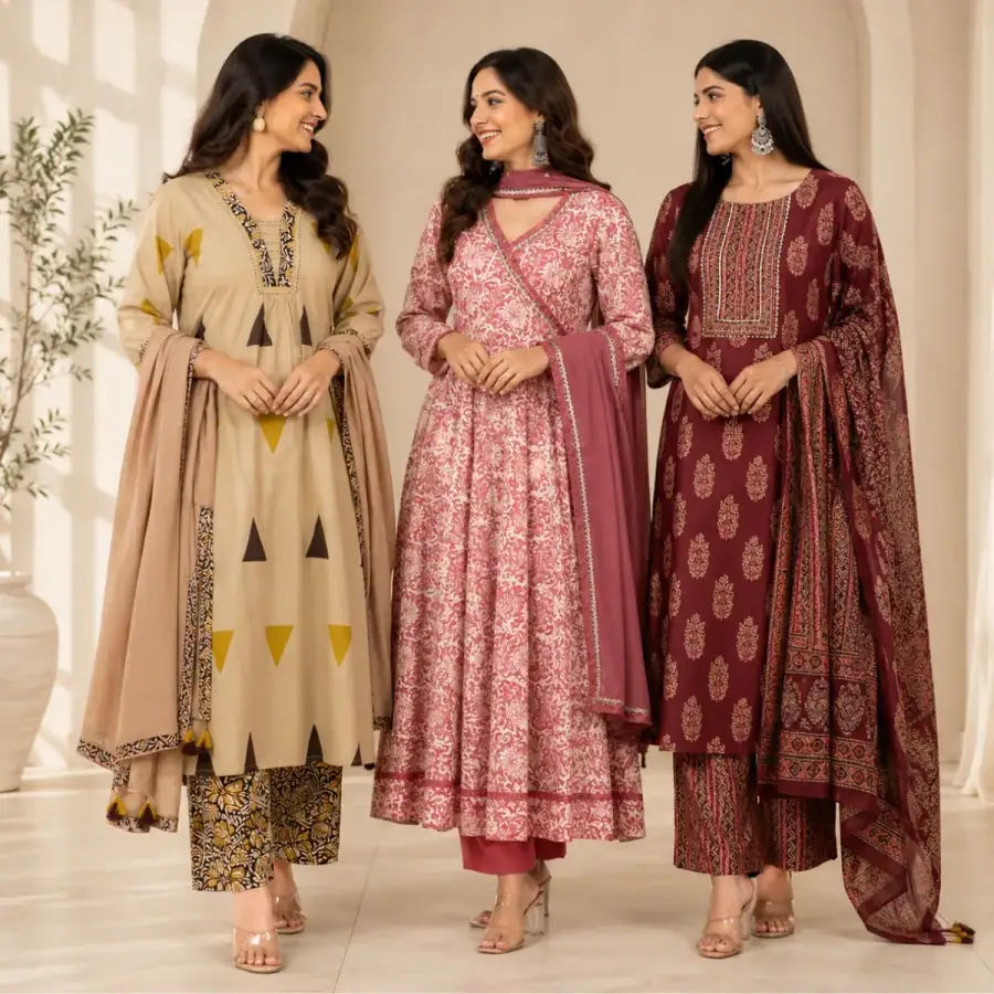 3 Women's Kurta Set with Dupatta | Comfortable Fit ( KS5 ) in As shown in photos